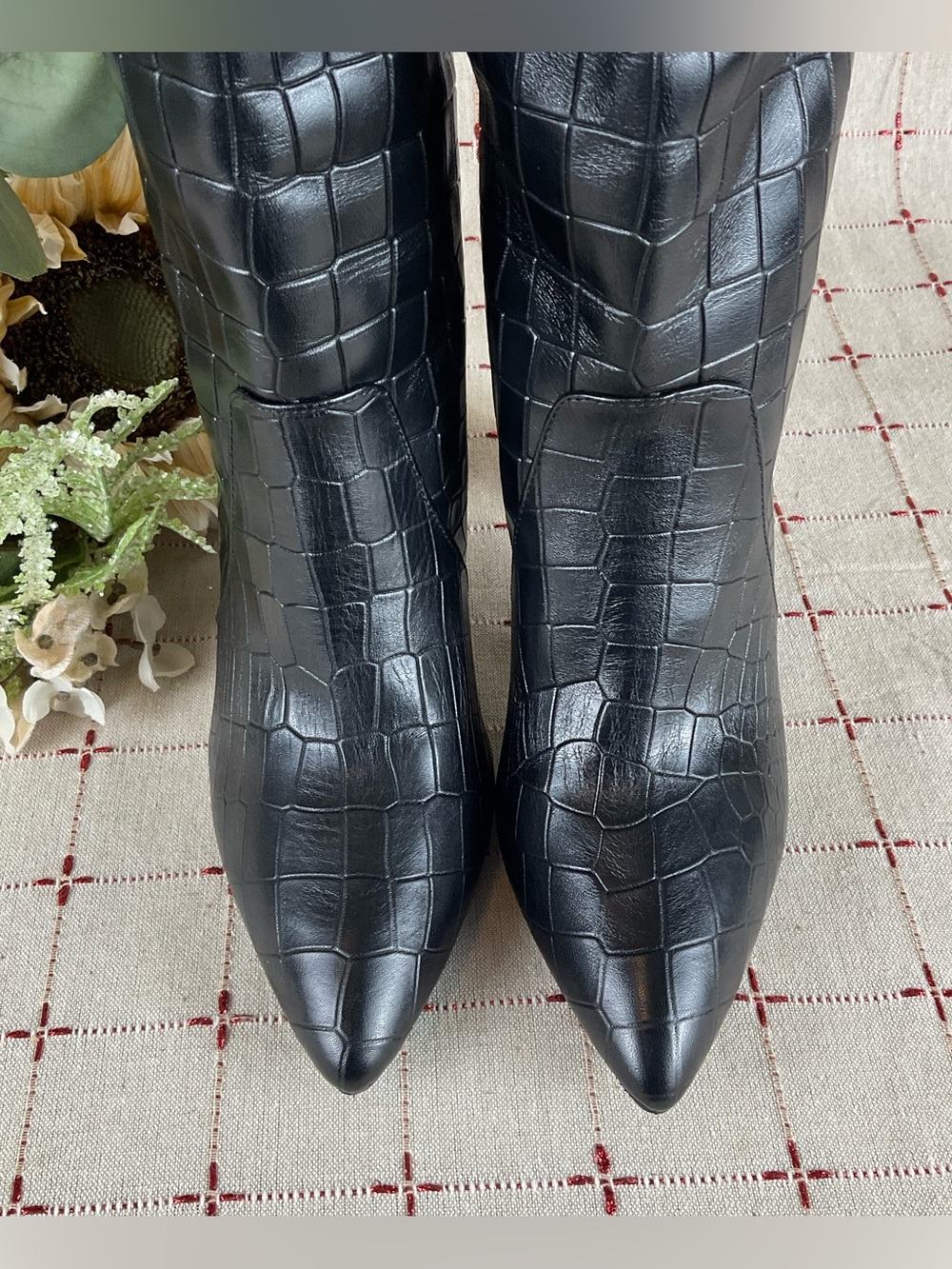 Authentic PAIGE Carmen Black Croc Embossed Leather Pointed Toe Knee High Boots 6 - Picture 2 of 6